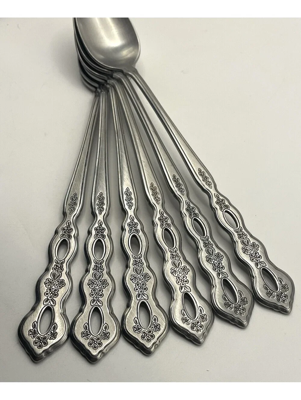 6- Oneida Community FANTASY Burnished Stainless Pierced Iced Tea spoon ~ 7 5/8”